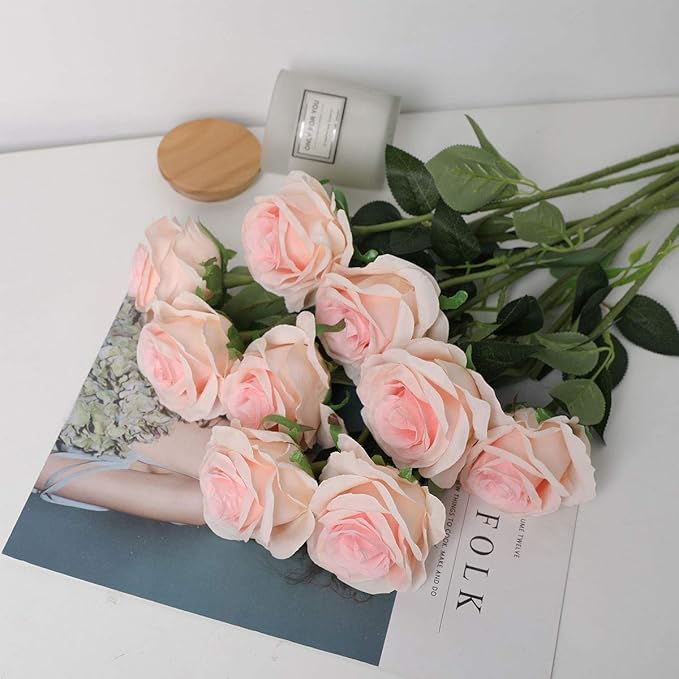 Nubry Artificial Silk Rose Flower Bouquet Lifelike Fake Rose for Wedding Home Party Decoration Event Gift 10pcs (Light Pink)