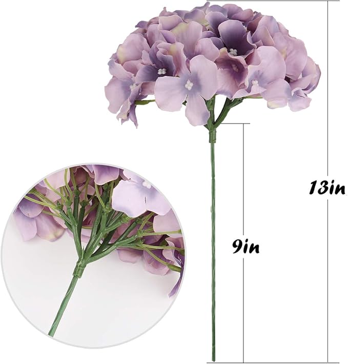 Flojery Silk Hydrangea Heads Artificial Flowers Heads with Stems for Home Wedding Decor,Pack of 10 (Dream Purple)