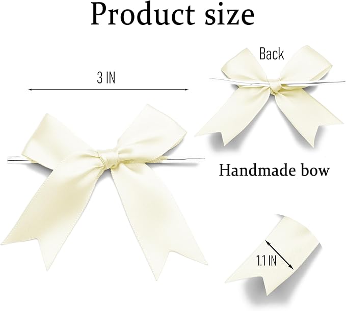 50 Counts Beige Twist Tie Bows 3.1" Pre-Tied Satin Ribbon Bow Decor Mini Twist Tie Bows for Gift Wrapping Treat Bags Cake Bridal Baby Shower Birthday Party Favors Wedding Decorations