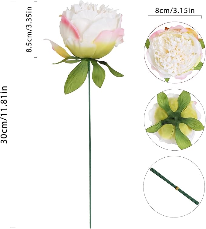 16pcs Peony Artificial Flowers Fake Peonies Bulks Cream White Silk Peonies Flowers Faux Peony Flowers Heads with Stems for Home Wedding Party Festival Baby Shower Decorations (Cream White)