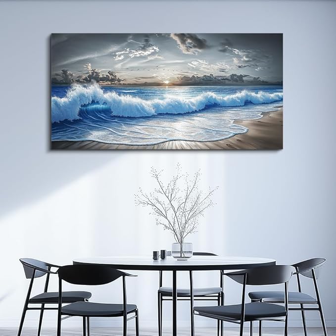 PHAOHUAXM Large Canvas Wall Decor For Living Room Wall Art For Bedroom Office Dining room Decor Modern Black White And Blue Ocean Wave Painting Printed Artworks Wall Pictures Home Decor 24"X48"