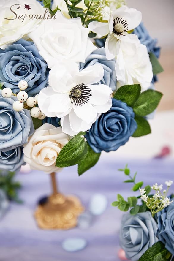 Serwalin Artificial Flowers, Dusty Blue Silk Fake Flowers Cake Flower for Wedding Bouquet Table Centerpieces Arrangements Party Baby Shower Home Decor Floral Arrangement