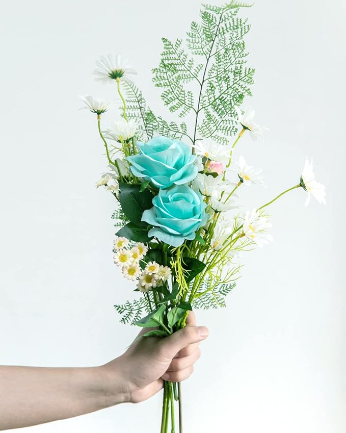DuHouse 10pcs Fake Roses Artificial Silk Flowers Faux Rose Flower Long Stems Bouquet for Arrangement Wedding Centerpiece Party Home Kitchen Decor(Teal Blue)