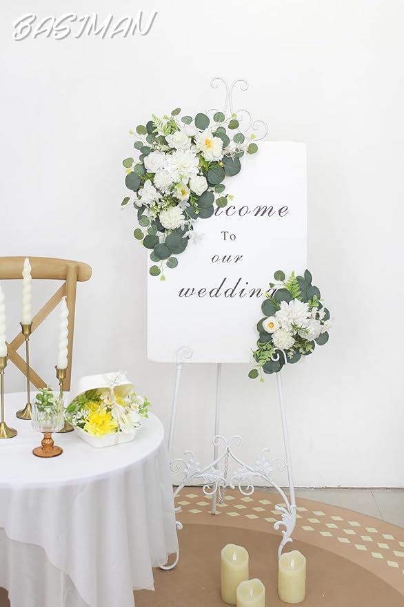 2pcs Wedding Arch Flowers,Wedding Welcome Sign,centerpieces for Tables,Reception Backdrop Table Decorations Welcome Sign (White)