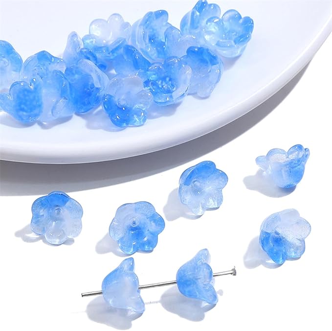 LadayPoa 100pcs Glass Bellflower Beads for Jewelry Making Trumpet Flower Beads Gradient Clear Cute Beads for Bracelets Making Aesthetic Bead Charms for DIY Necklace Decoration-Dark Blue