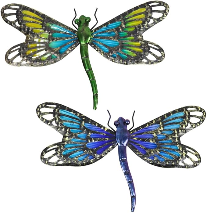 HONGLAND 2Pcs Metal Dragonfly Wall Decor Outdoor Dragonfly Wall Art Glass Sculpture for Home Garden,Gradient Blue&Green