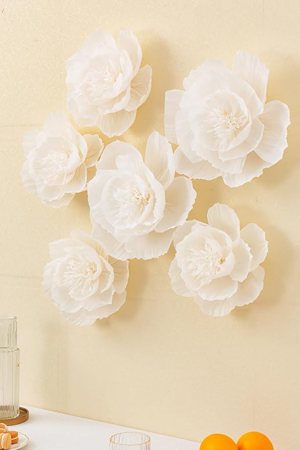 Crepe Paper Flowers Decoration for Wall, Artificial Flowers for Wedding Decor,Flower Backdrop Decor,Baby Shower,Birthday Party,Photo Backdrop,Archway Decor, Nursery Wall Decor(White,Set/6)