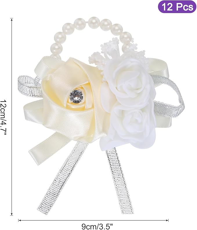 MECCANIXITY 12Pcs Wrist Corsage Artificial Flower Bracelets Rose Wrist Bride Groom Decorative for Wedding Ceremony Prom Party Anniversary Cream
