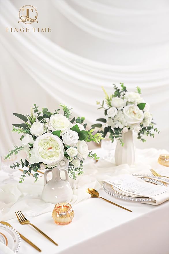 TINGE TIME 7" Bridesmaid Bouquet Set of 4, Wedding Bouquets for Bridesmaid, Perfect for Wedding Bouquets for Bride, Ideal for Bridal Shower, Rehearsal Dinner, Vintage Party (IvoryWhite&Eucalyptus)