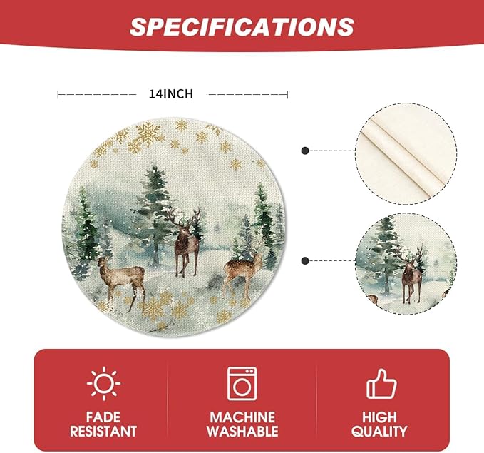 Artoid Mode Watercolor Deer Trees Snowflakes Christmas Round Placemats Set of 6, 14 Inch Winter Round Table Mats for Dining Decoration