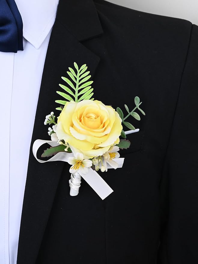 MAFELOE 2 Pieces Artificial Flower Wrist Corsage and Boutonniere Set, Groom Groomsmen Bride Bridesmaids Wedding Accessories Prom Party Suit Decorations - Yellow