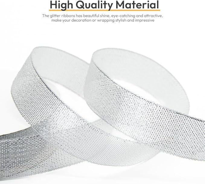 KMER LIFE 1 inch x 50 Yards Glitter Silvery Ribbon, Sparkly Metallic Fabric Ribbons for Gifts Wrapping, Sewing, Party Decoration and DIY Crafts