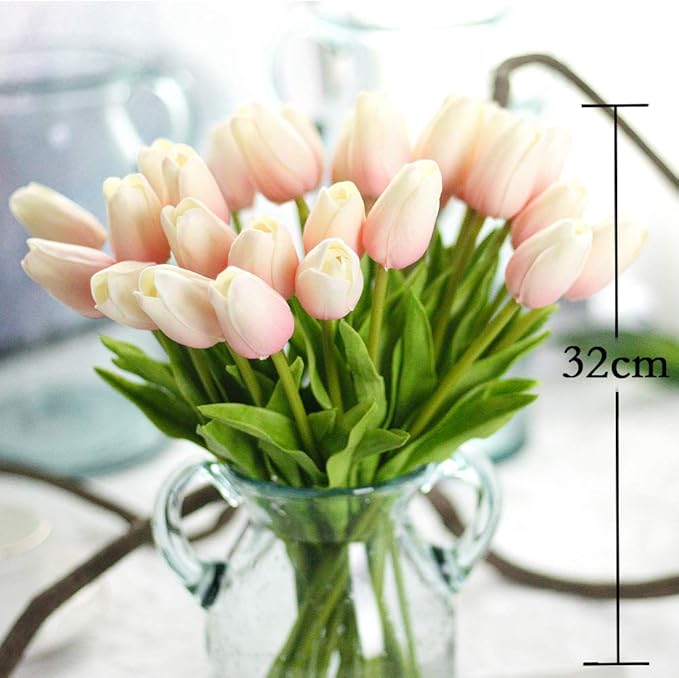 30pcs Artificial Tulips Flowers Real Touch Pink Tulips Fake Holland PU Tulip Bouquet Latex Flowers for Wedding Party Office Home Kitchen Decoration (Light Pink)