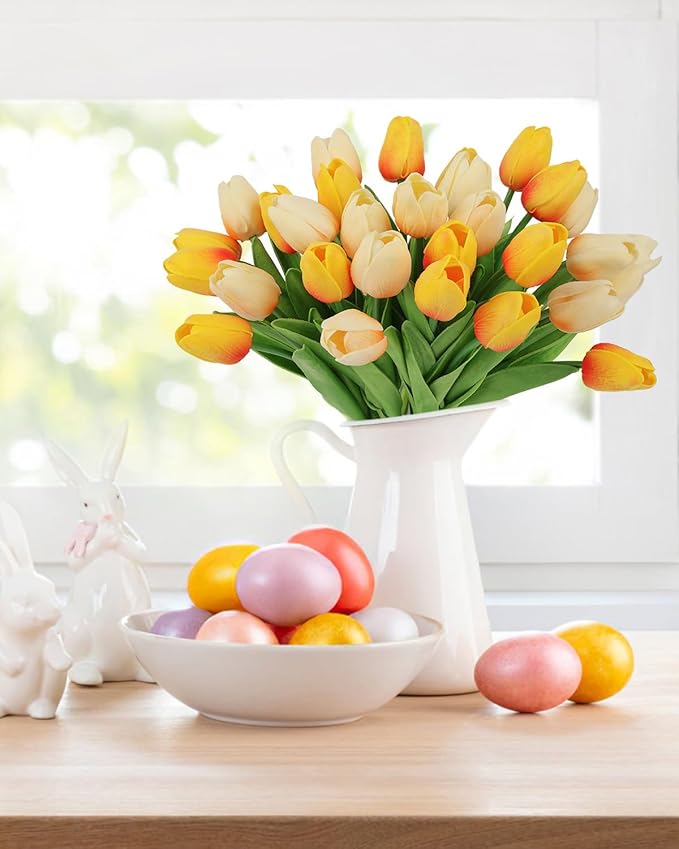 MACTING 30 PCS Artificial Tulip Flowers 13.7" Real Touch Fake PU Tulips Bouquet Faux Flowers for Floral Arrangements Table Centerpiece Home Kitchen Indoor Outdoor Summer Decor (Mix Yellow)