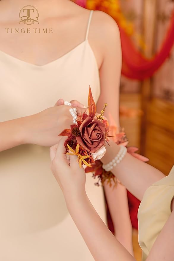 TINGE TIME Set of 2 Wrist Corsage Bracelets Pearl Wristlet Band Bridesmaid Bracelet for Wedding Ceremony Bridal Shower Wedding Artificial Flower Prom (Maple Red)