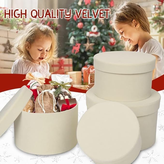 GnFlus Round White Gift Boxes with Lids for Presents Set of 4 Velvet Nesting Gifts Box for Arrangements Flowers Wedding Birthday Mothers Valentines Bridesmaid Christmas Party Anniversary