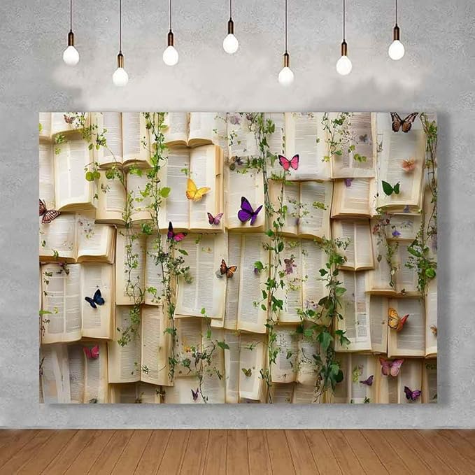 7x5ft Vintage Bookshelf Backdrop for Photography Book Butterfly Backdrops Books Flowers Wallpaper Decoration Bridal Shower Kids Girls Birthday Party Banner Supplies KUBYW004
