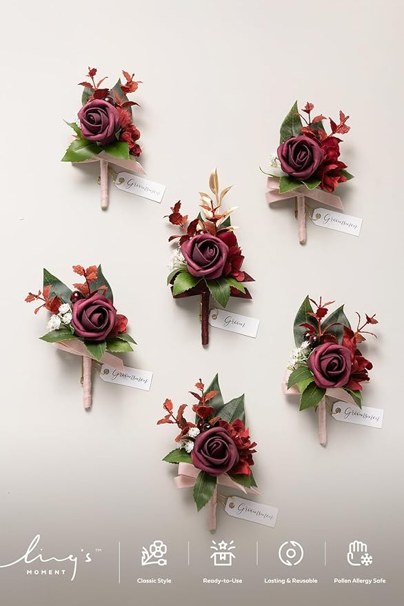 Ling's moment Boutonniere for Men, 6pcs Groom Groomsmen Boutonniere, Artificial Flowers for Wedding Decor/Prom/Homecoming, etc.Burgundy Marsala