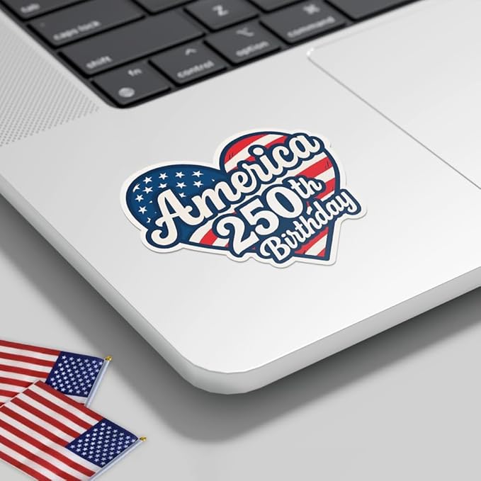 HANDICHI Design 5-Pack 3 Inch America 250th Birthday Stickers – Patriotic Heart-Shaped USA Flag Vinyl Decals – Waterproof 1776–2026 Independence Day Stickers for USA 250th Anniversary Celebration