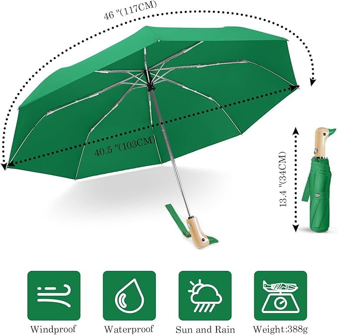 Cute Duck Umbrella Automatic - Compact Pretty Pocket Size Strong Duck Collapsible Umbrella Yellow Wooden Handle for Women