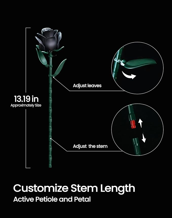 iATOM Black Rose Bouquet Building Set, Gothic Artificial Flowers Botanical Collection Kit for Adults for Home Office Table Centerpiece Retro Decor - IA11001