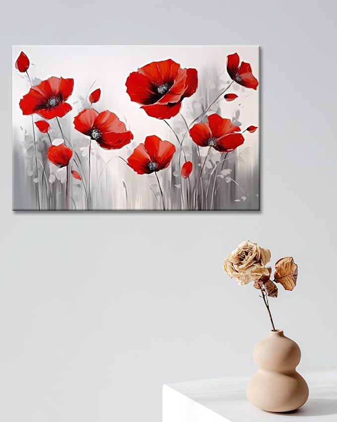 GLOKAK Red Poppies Wall Art - Modern Floral Red Poppy Flower on Grey Background Painting Poster Canvas Print Artwork For Home Bathroom Bedroom Decoration (20"x30")