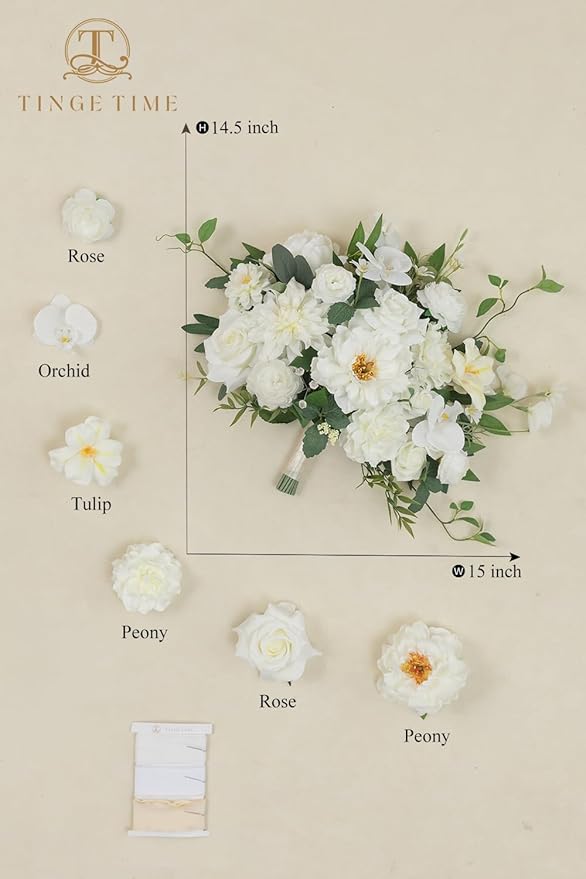 TINGE TIME 13 Inch Wedding Bouquets for Bride,Bridal Bouquet for Bride, Artificial Silk Flowers for Wedding Ceremony and Anniversary (IvoryWhite)