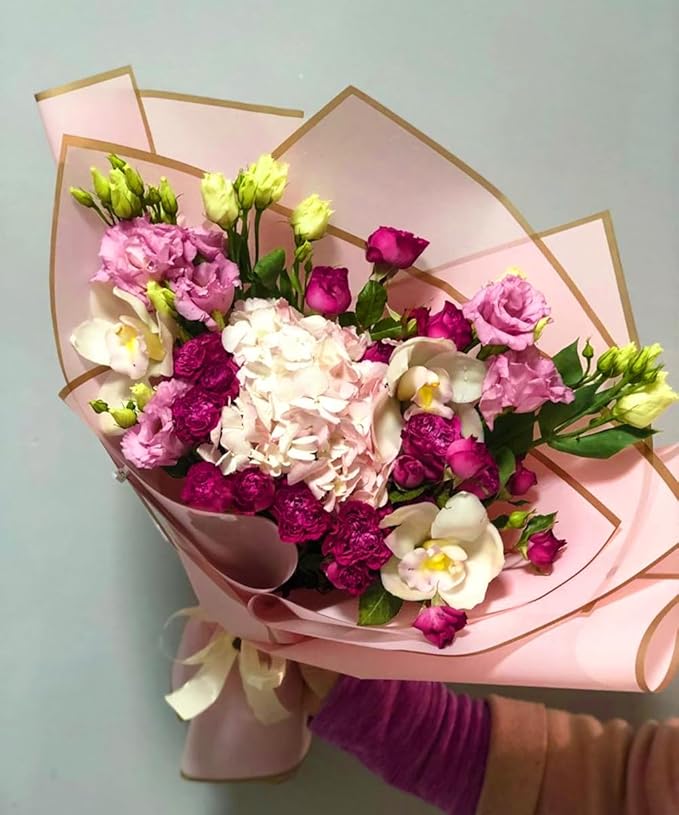 WRAPAHOLIC 20 Sheets Flower Wrapping Paper - 22.4 x 22.4 inch Dusty Pink with Gold Edge Water-Resistant Floral Bouquet Wrapping Paper, Florist Supplies Packaging Paper for Wedding Birthday Gift DIY