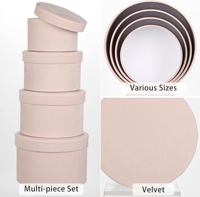 Round Gift Boxes with Lids for Presents Set of 4 Light Pink Velvet Nesting Gifts Box for Arrangements Flowers Wedding Birthday Valentines Bridesmaid Christmas Party Anniversary