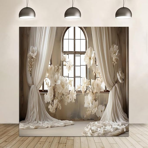 10x10ft Wedding Party Decorations Banner Backdrop Wedding Reception Photography Backdrop White Floral Flowers Curtains French Frame Photo Backgrounds Baby Shower Photo Shoot Portraits Props