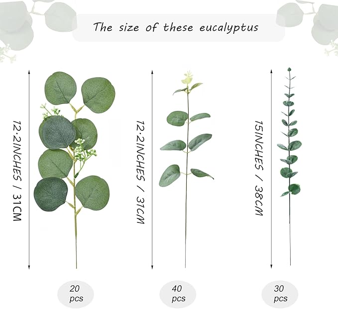 Abzo 90 Pcs 3 Kinds Mixed Eucalyptus Stems Bulk Artificial Eucalyptus Leaves Sprays Faux Oval Eucalyptus Greenery Stems for Wedding Vase DIY Bouquets Bouquet Floral Arrangement Home Decor