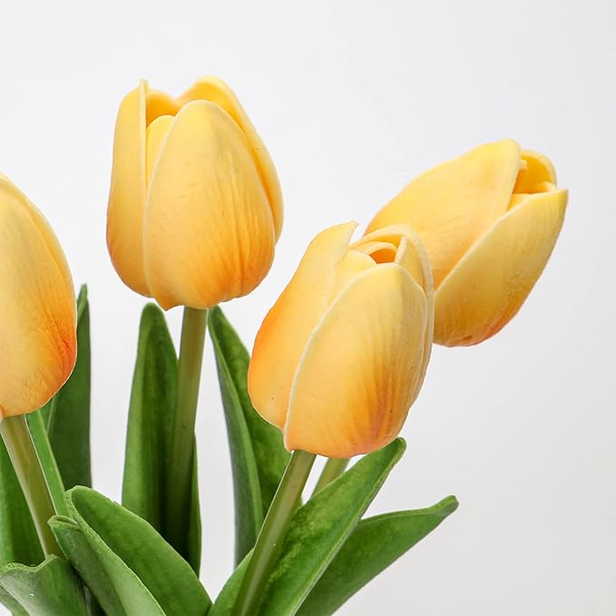 Briful 2 Packs Faux Flowers Artificial Tulips with Ceramic Vase, Poly Foam Yellow Tulips Real Touch Flower Arrangement for Home Kitchen Wedding Centerpiece Decoration