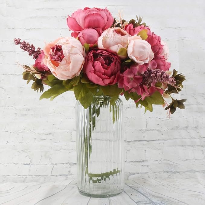 Flojery Silk Peony Bouquet Vintage Artificial Peonies Flower for Home Wedding Party Decor (1pcs, Dark Pink)