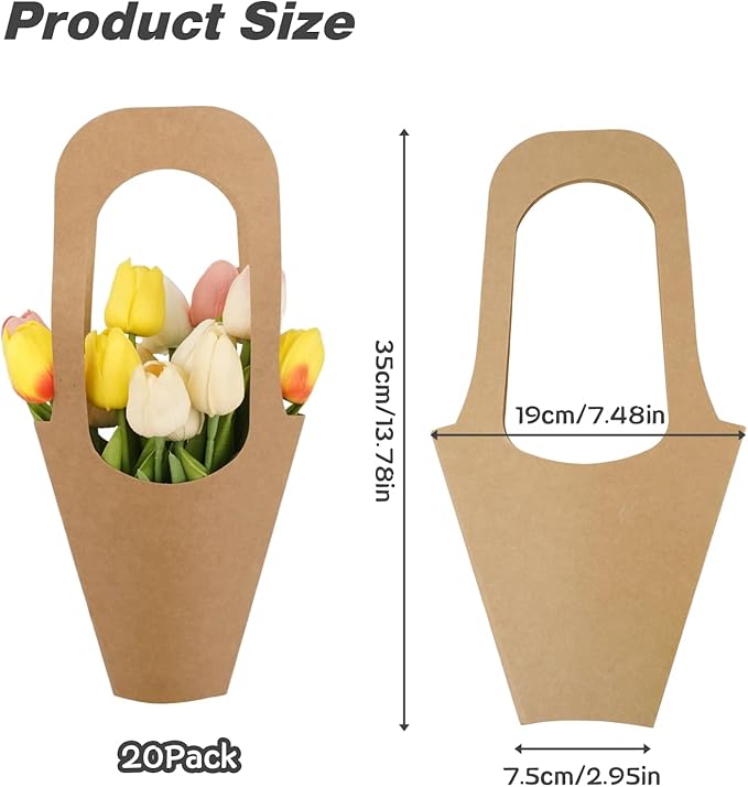 Jeqqinuz 20 PCS Flower Bags for Bouquets, Kraft Paper Gift Bags with Handle, Floral Wrapping Paper for Bouquet Packaging, Wedding Graduation Party Favors, Brown Cone Sleeves Home Decoration