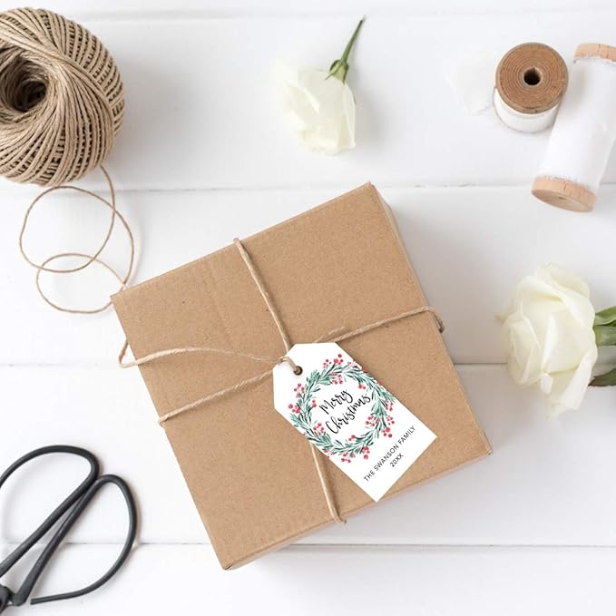 Andaz Press Personalized Christmas Holiday Season Classic Gift Tags, Merry Christmas Custom Family Name and Year, Holly Wreath Design, for Holiday Events, Parties, and Favors, 60-Pack