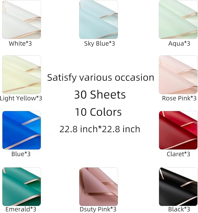 Bupduq 30 Sheets 10colors Flower Bouquet Wrapping Paper，Florist Supplies Waterproof Floral Bouquet Wrapping Paper Bouquet Accessorie，Flower Shop Packaging Pape for DIY Gift Wedding Birthday