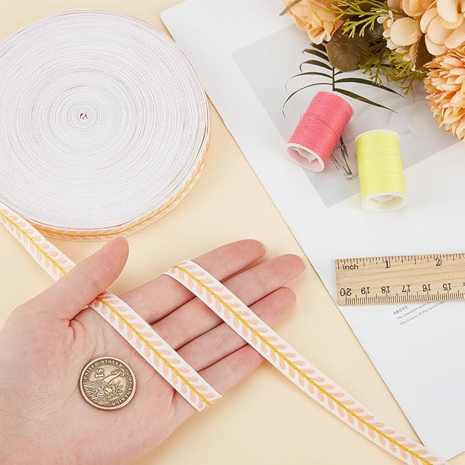 OLYCRAFT 20 Yards/18.3M Light Salmon Leaf Striped Jacquard Polyester Ribbon Trim for DIY Sewing Crafts, Home Decor, Clothing Decoration