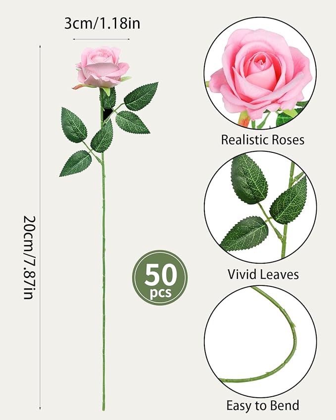 LFF 50Pcs Fake Pink Roses Artificial Flowers with Long Stems, Realistic Silk Faux Roses in Bulk, Wedding Bouquet, DIY Floral Arrangement for Home/Wedding/Proposal Ceremony Decoration(Pink)