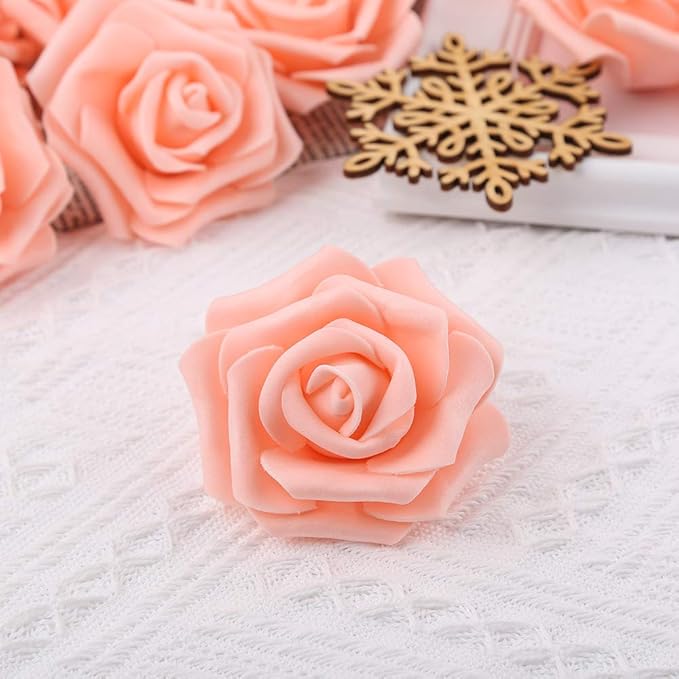 IPOPU 100 Pcs Artificial Rose Flower Heads Real Looking Blush Peach Foam Fake Roses Bulk for DIY Wedding Baby Shower Centerpieces Arrangements Party Tables Home Decorations (Peach, Stemless)