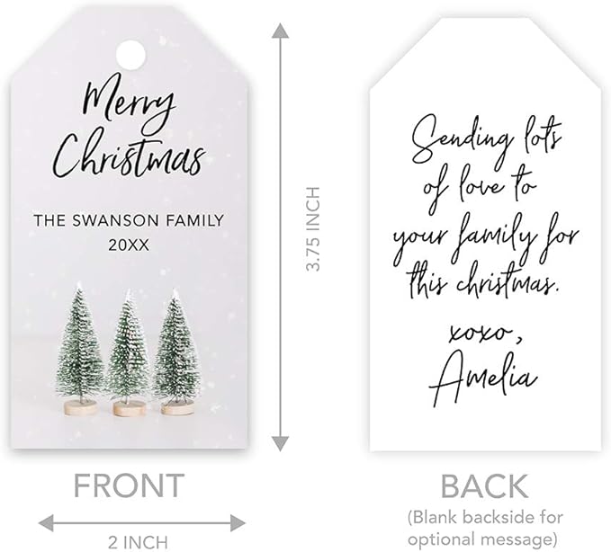 Andaz Press Personalized Christmas Holiday Season Classic Gift Tags, Merry Christmas Custom Family Name and Year, Bottle Brush Christmas Tree Design, for Holiday Events, Parties, and Favors, 60-Pack
