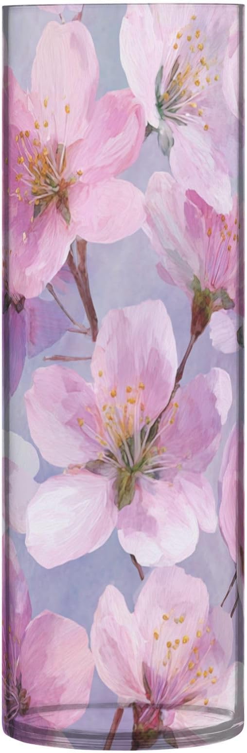 Flower Vase Clear Plastic Cylinder Vases Decor for Centerpieces Home Storage Office Weddings Japanese Cherry Blossom 11.8 x 3.9 in