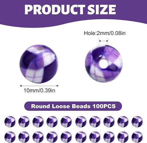 100 PCS 10mm Resin Beads Bulk for Bracelet Making Kit, Purple and White Grid Printed Round Loose Beads for Jewelry Earring Necklace Rings Art Craft DIY Projects