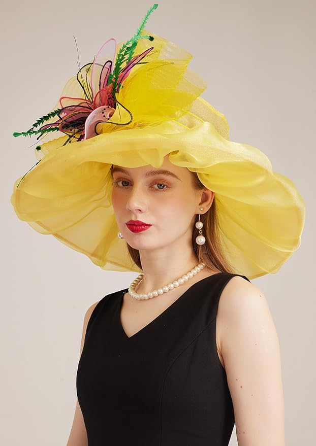 Organza Derby Hats for Women Wide Brim Fascinator Hat Rose Flower Wedding Tea Party Hat