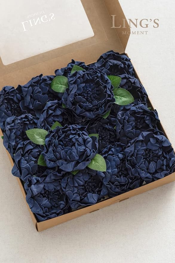 Ling's moment Flowers 16pcs Navy Blue Blooming Peonies Artificial Flowers with Stem, Artificial Peony Flowers for DIY Wedding Decorations Centerpieces Bouquets Boutonnieres