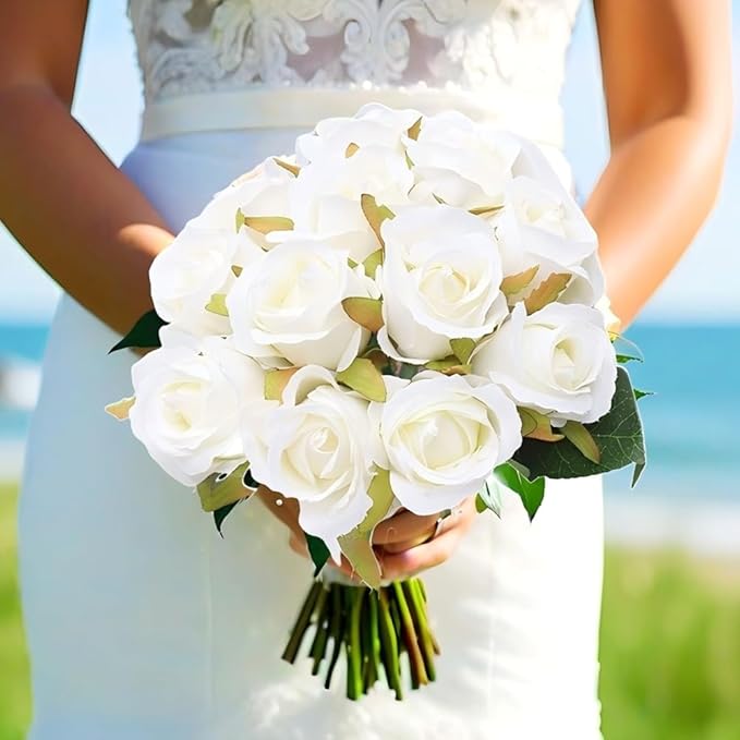 Jasion Artificial Roses Flowers Silk 12pcs DIY Bouquet for Home Office Parties Table Centerpieces Bridal Wedding Decoration Without Vase (Spring White)