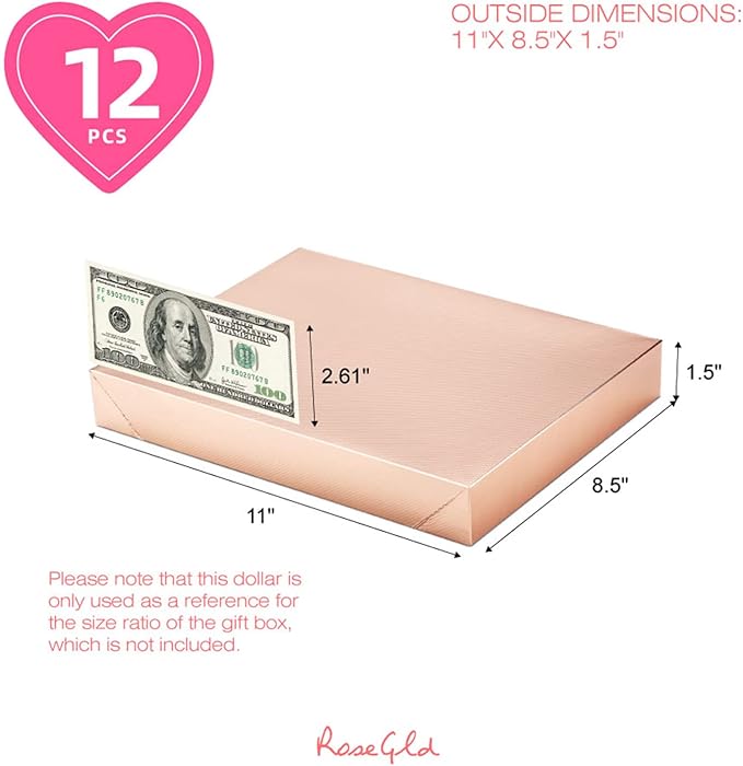 ROSEGLD 12 Gift Boxes with Lids - 11x8.5x1.5 Inches, Apparel Gift Boxes in Glossy Rose Gold with Grain Texture