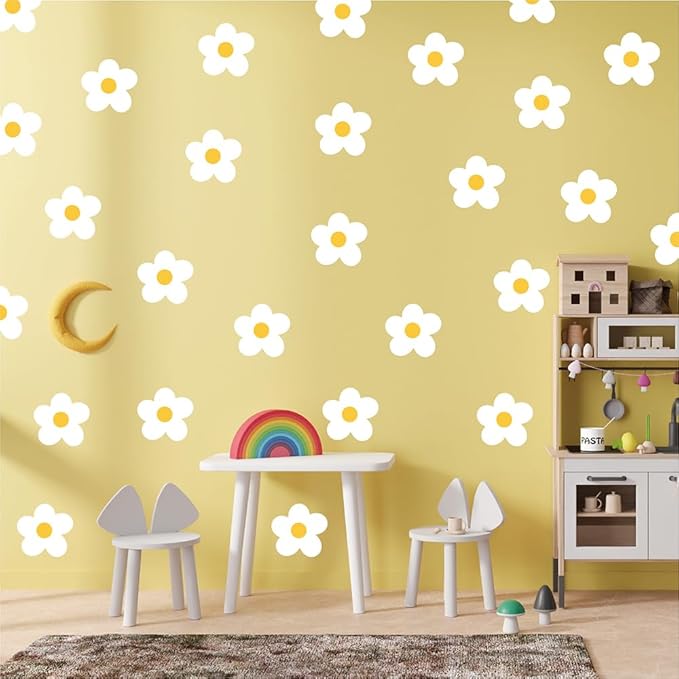 Daisy Flowers Wall Stickers – 180 Pcs Peel & Stick Removable Waterproof Vinyl Floral Wall Art Decals for Bedroom, Nursery & Living Room | A Simple Peel Creates a Breezy Spring Retreat (White)