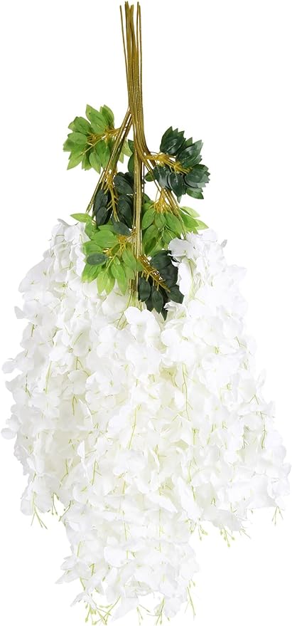 12pcs Wisteria Hanging Flowers 3.6ft Wisteria Artificial Flowers Vines White Silk Long Flowers Garland Fake Flower Ratta String for Wedding Arch Home Party Wall Backdrop Decorations (White)