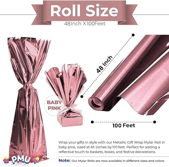PMU Gift Wrap Mylar Roll Metallic Baby Pink 2-sided, 48 Inches X 100 Ft Roll 1.4 Mil Highly Reflective Mylar Film, Great for Gifts, Birthdays, Christmas, Baskets, Arts & Crafts