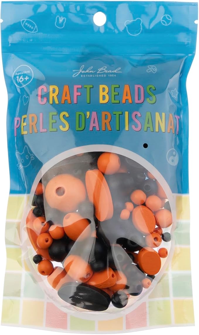 John Bead 90g Craft Beads Black and Orange Wood Beads with Elastic Nylon Cord